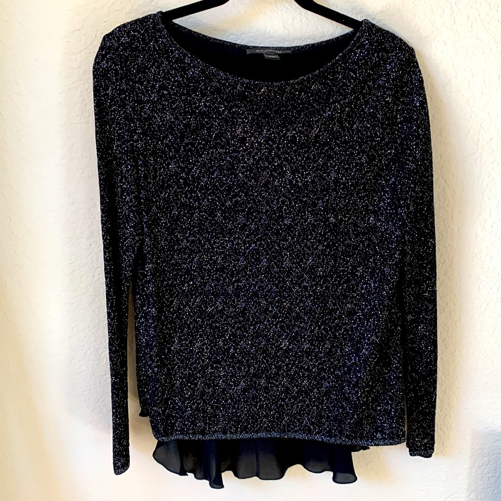 St. John Knits Silver & Black Metallic Caviar LS Top Size S EUC